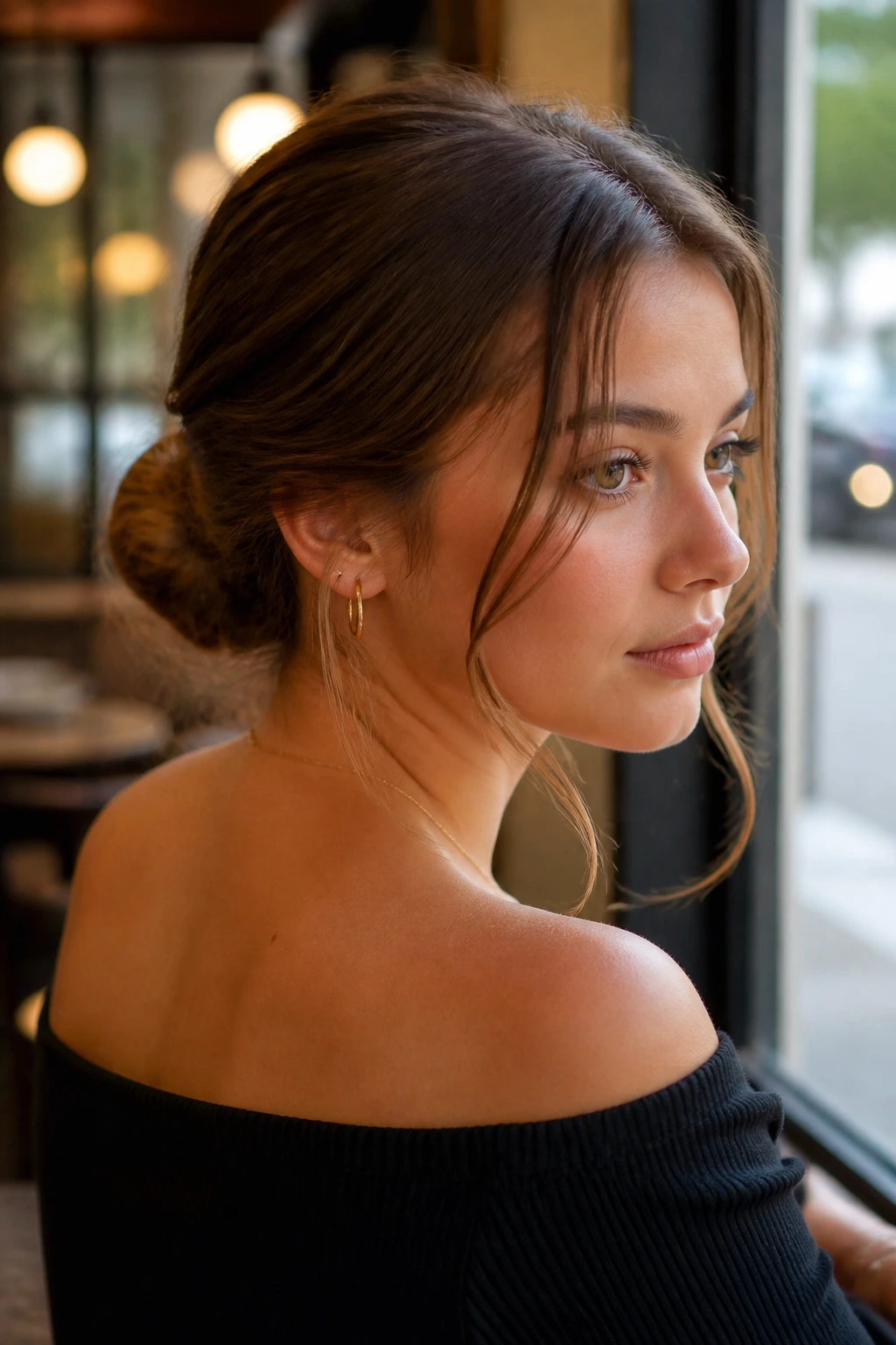 Close-up of a real girl with a polished bun and face-framing pieces