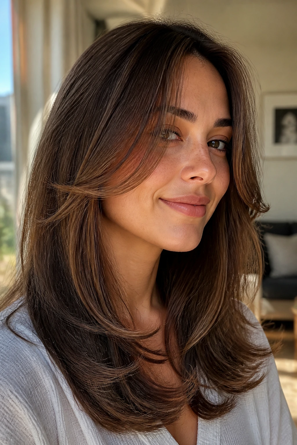 Portrait of a real woman with polished C-shape layers framing the face.