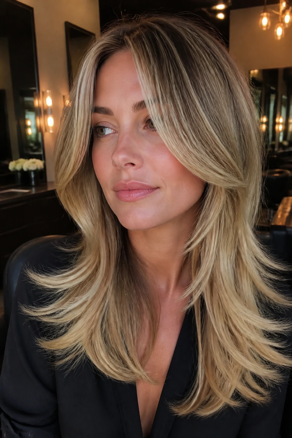Portrait of a woman with polished face-framing layers and champagne ends.