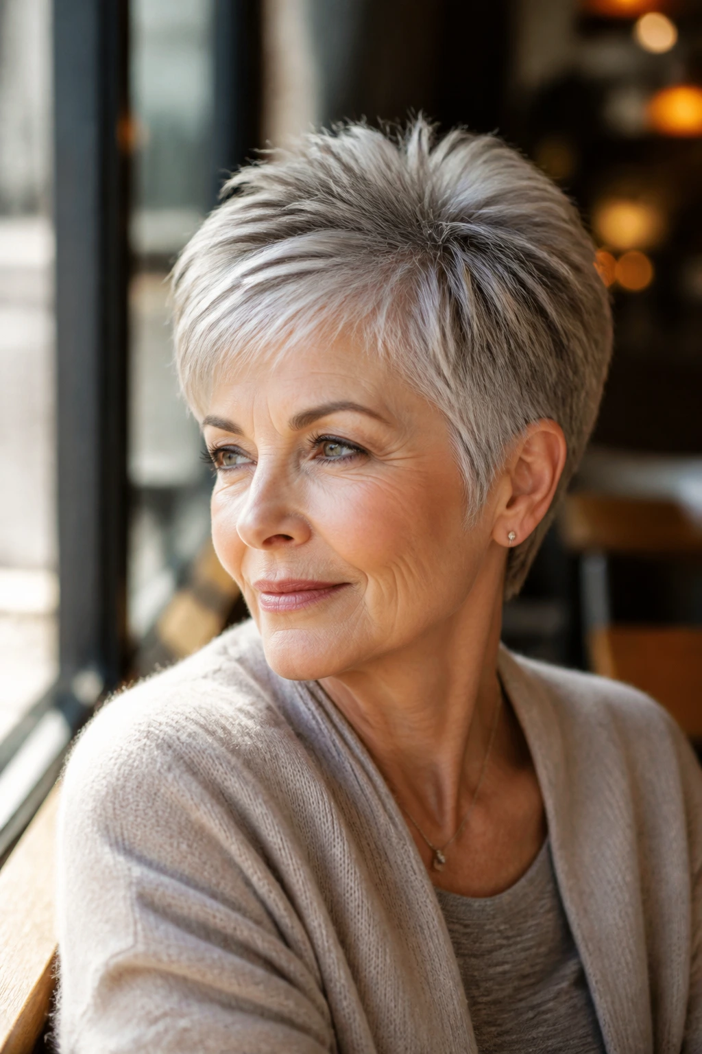 Portrait of woman with polished crop and lifted crown hairstyle in natural light.