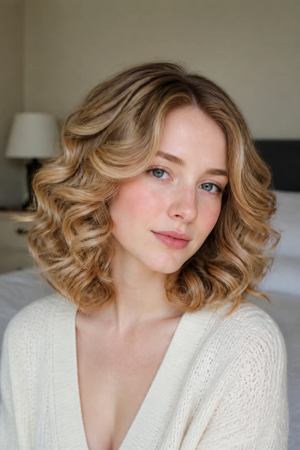 Close-up of a real woman with polished curls on shoulder-length hair