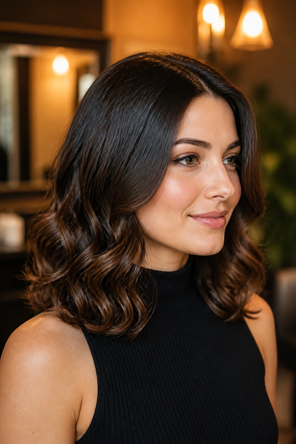 Close-up of a real woman with polished curl ends and a smooth crown