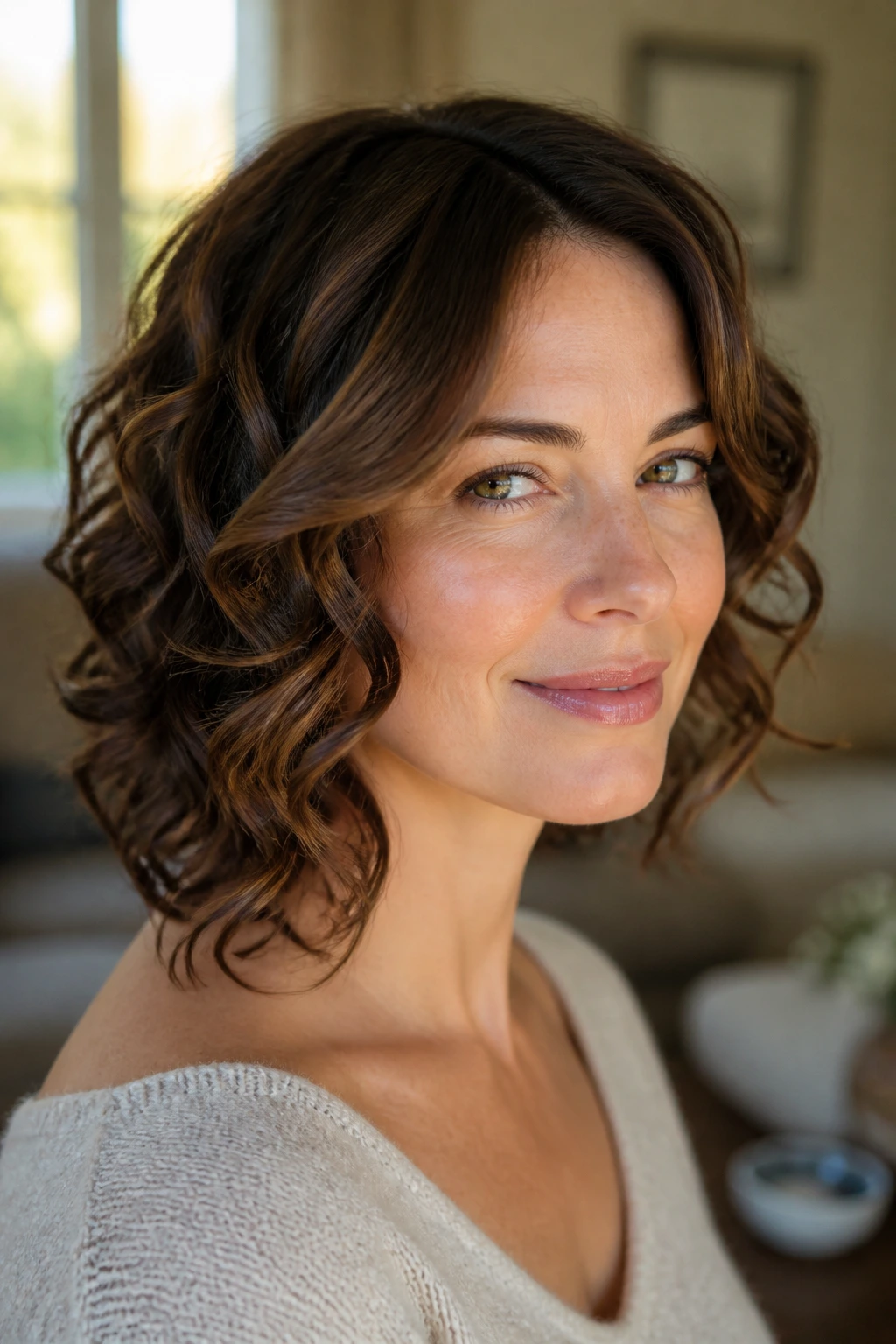 Close-up of a real woman with neck-length polished curls and long layers in warm window light