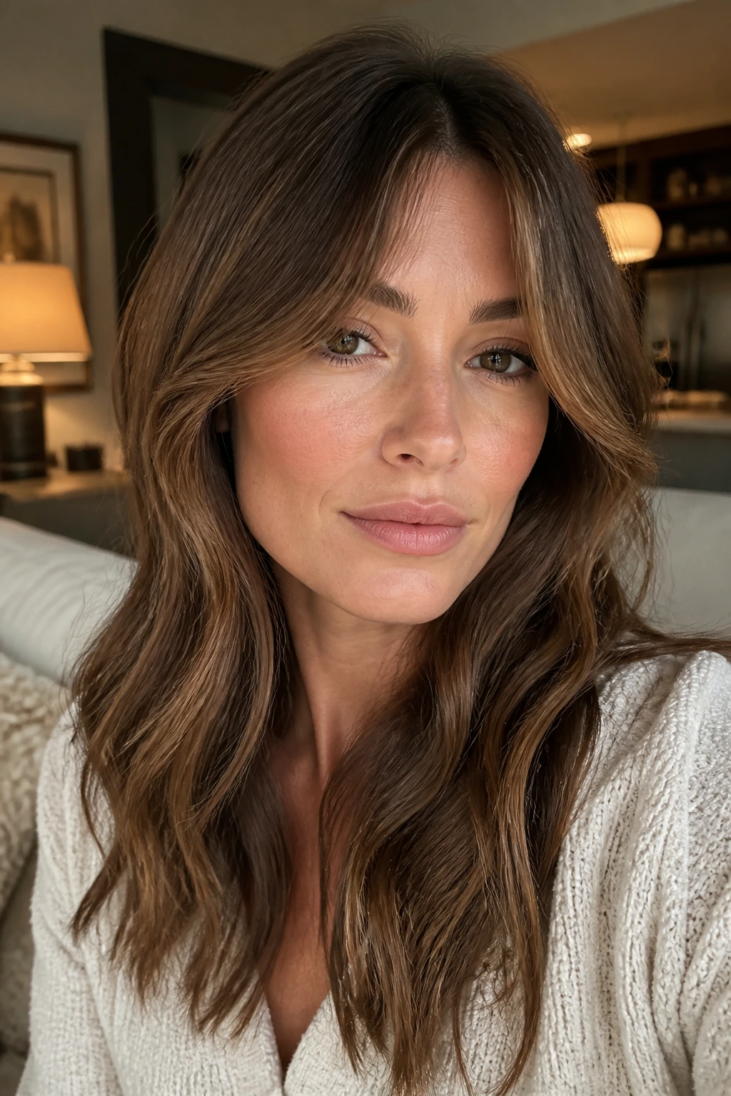 Close-up portrait of a real woman with polished curtain bangs and center part in warm natural light