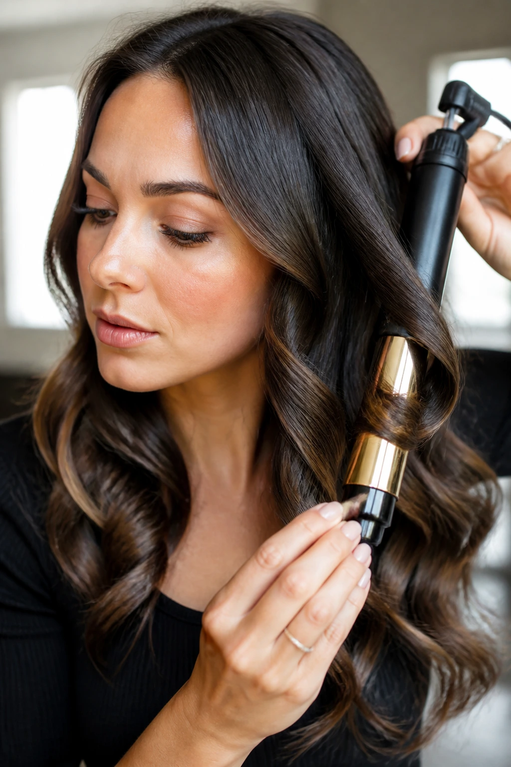 Close-up of a real person with polished curling ends