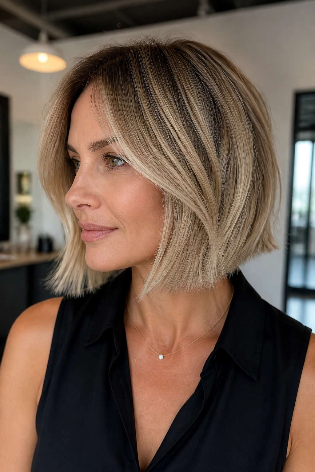 Close-up of polished-ends layered bob on a real woman