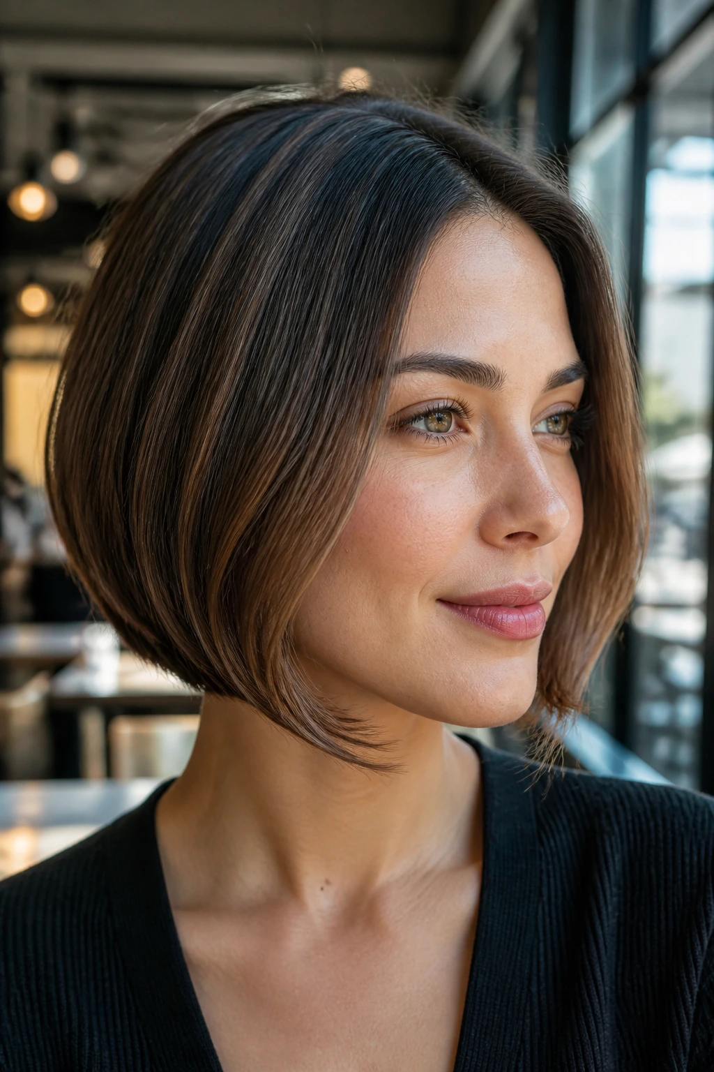 Close-up portrait of a real woman with a polished everyday bob and gentle bend
