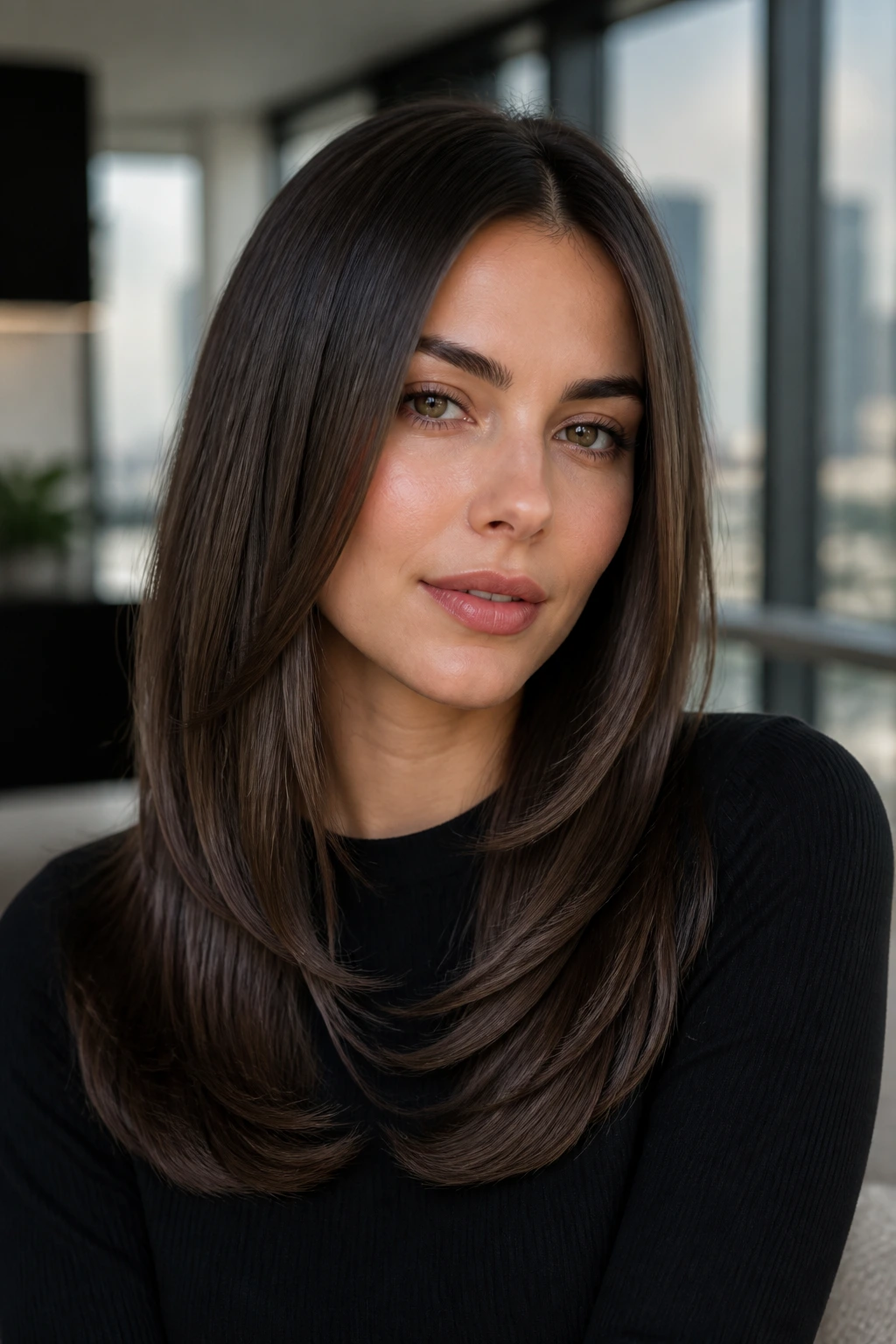 Close-up portrait of a real woman with polished feathered ends on sleek straight hair