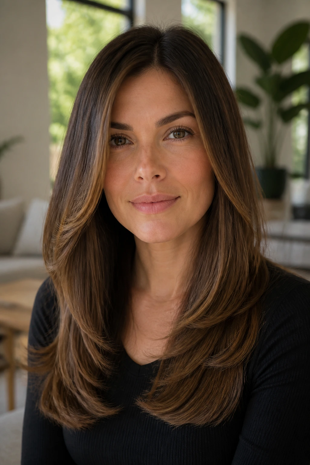 Close-up of a real person with polished flip-under layers in a bright living space