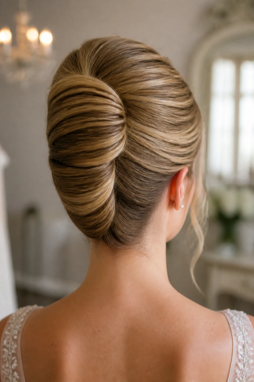 Back-view close-up of a real woman with a polished French twist in a bridal suite.
