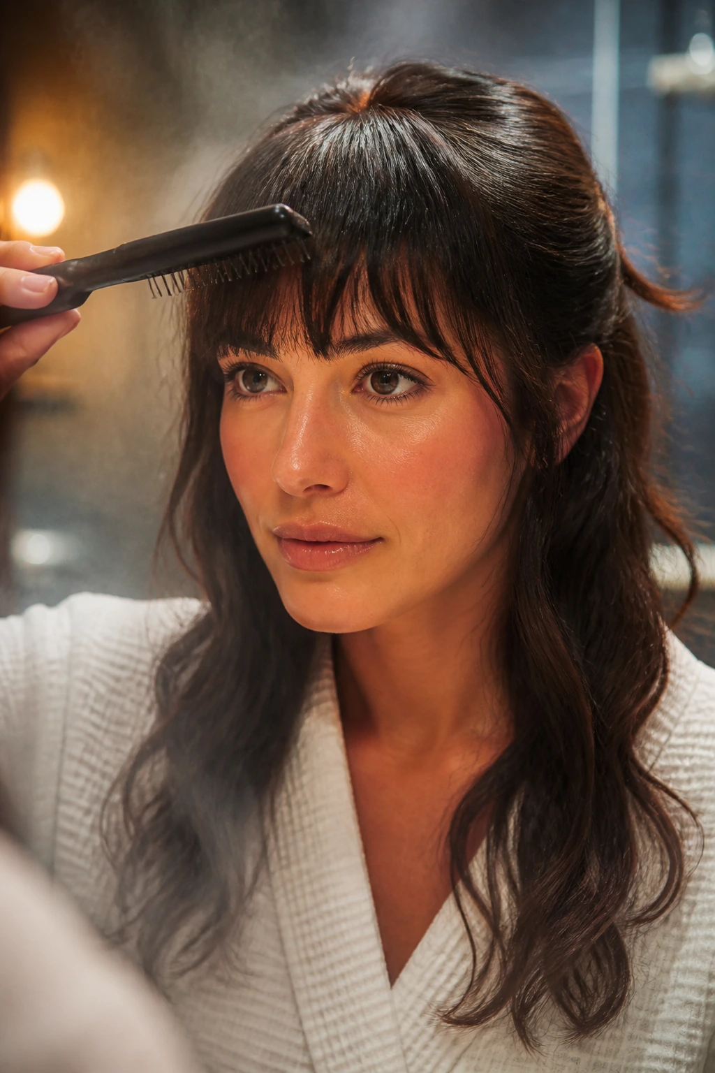 Real woman with polished fringe in a warm bathroom setting