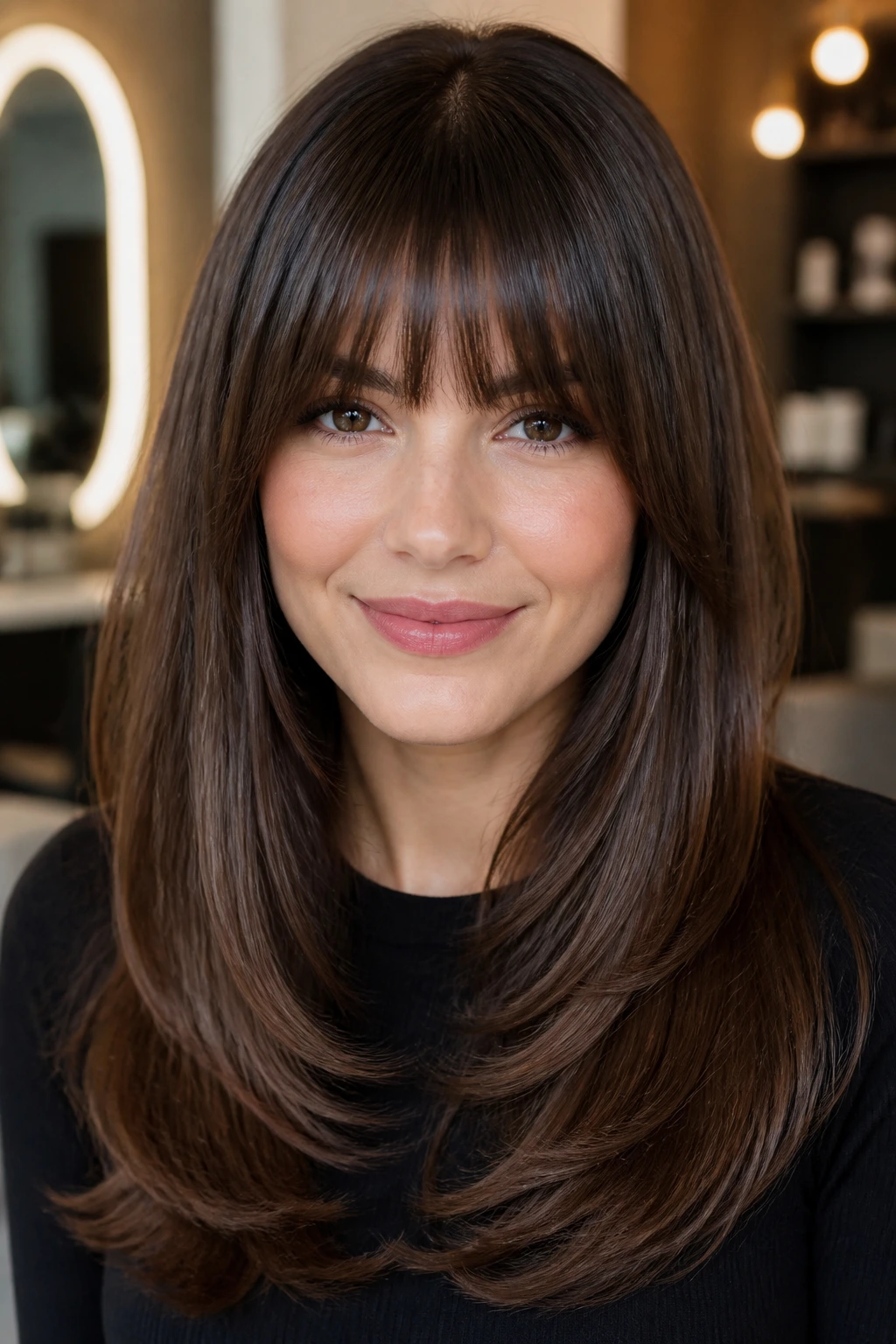 Close-up of a real person with a polished blowout and face-skimming fringe