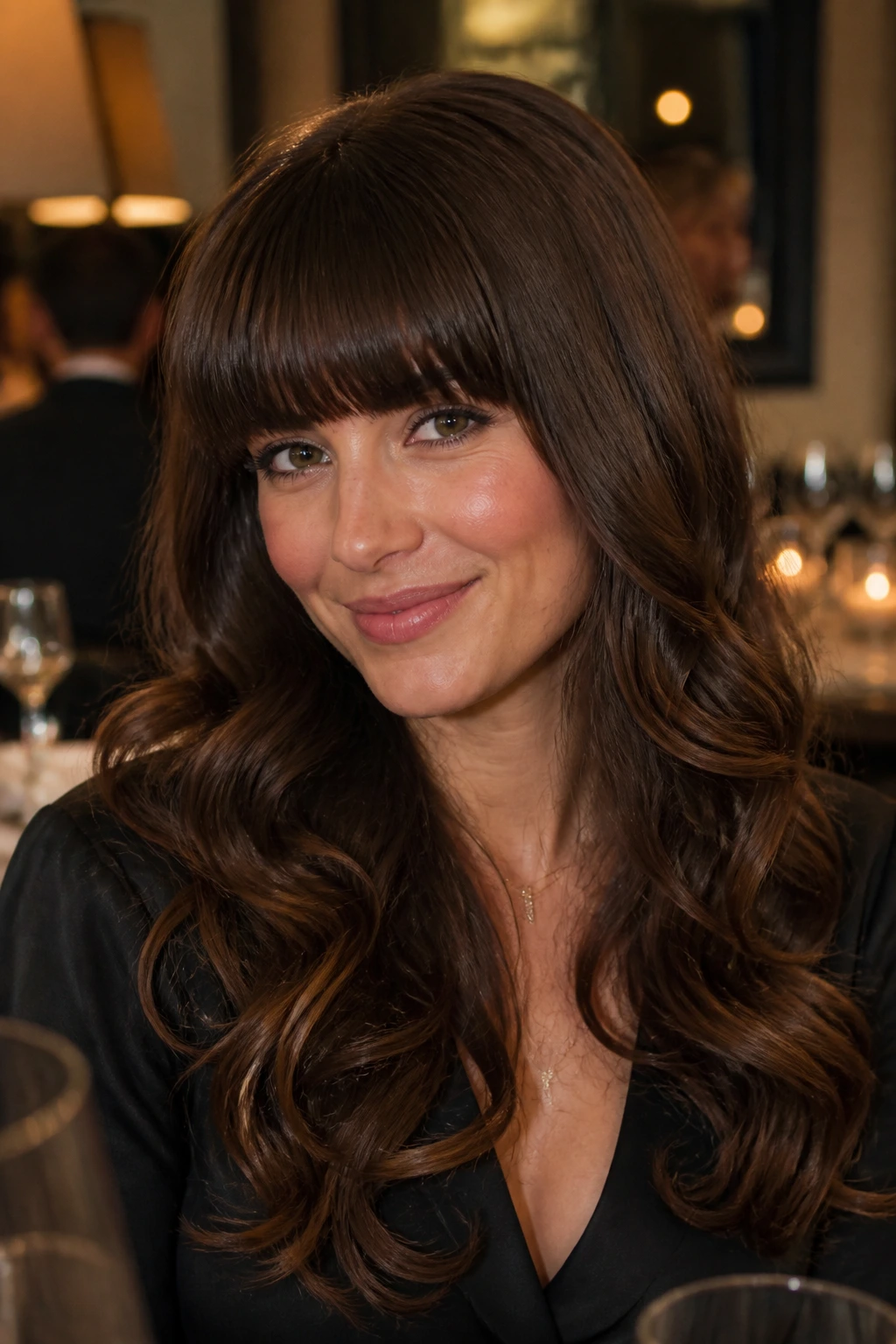 Portrait of a real woman with polished fringe and defined curls in an event-ready look.