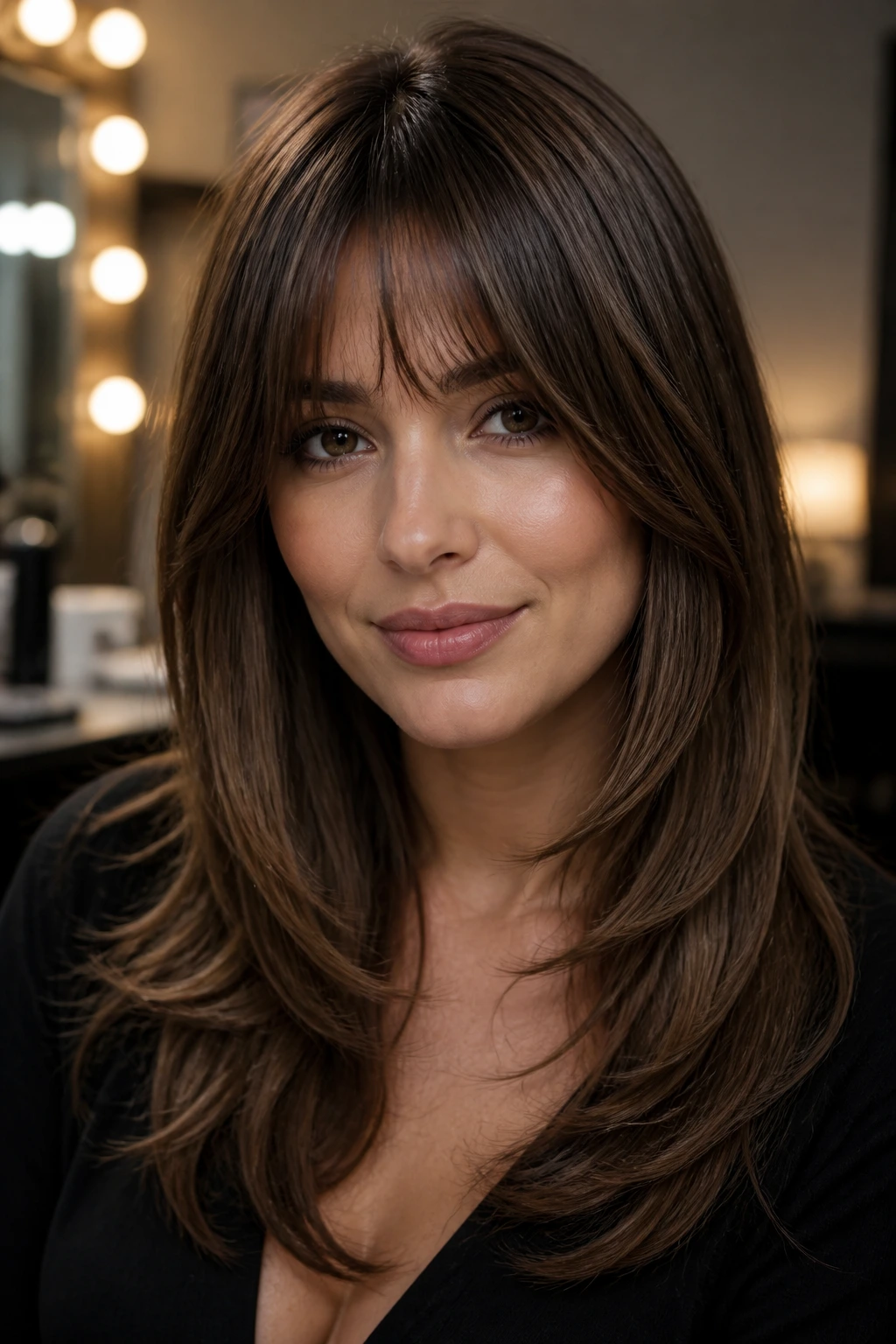 Close-up of a real woman with polished long fringe and soft layers at collarbone, in soft dressing-room light.