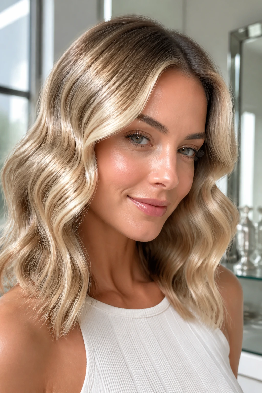 Portrait of a real woman with polished glossy waves and blonde shine