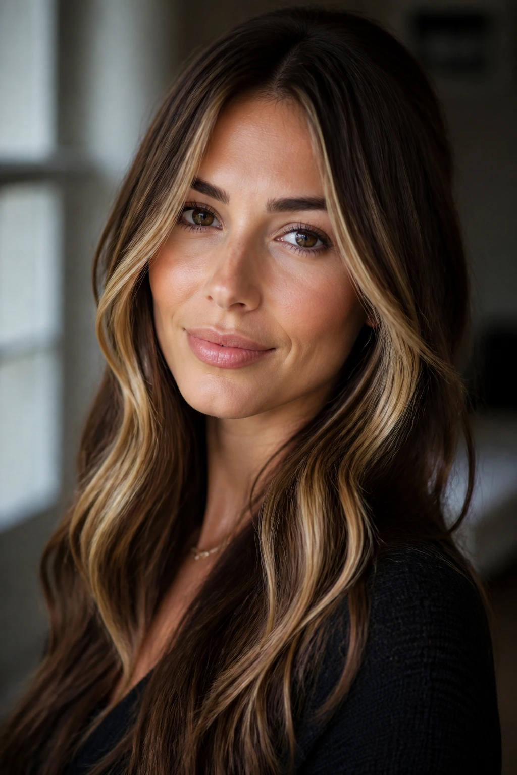 Close-up portrait showing brunette base with soft blonde ribbons for a polished blonde-brunette look