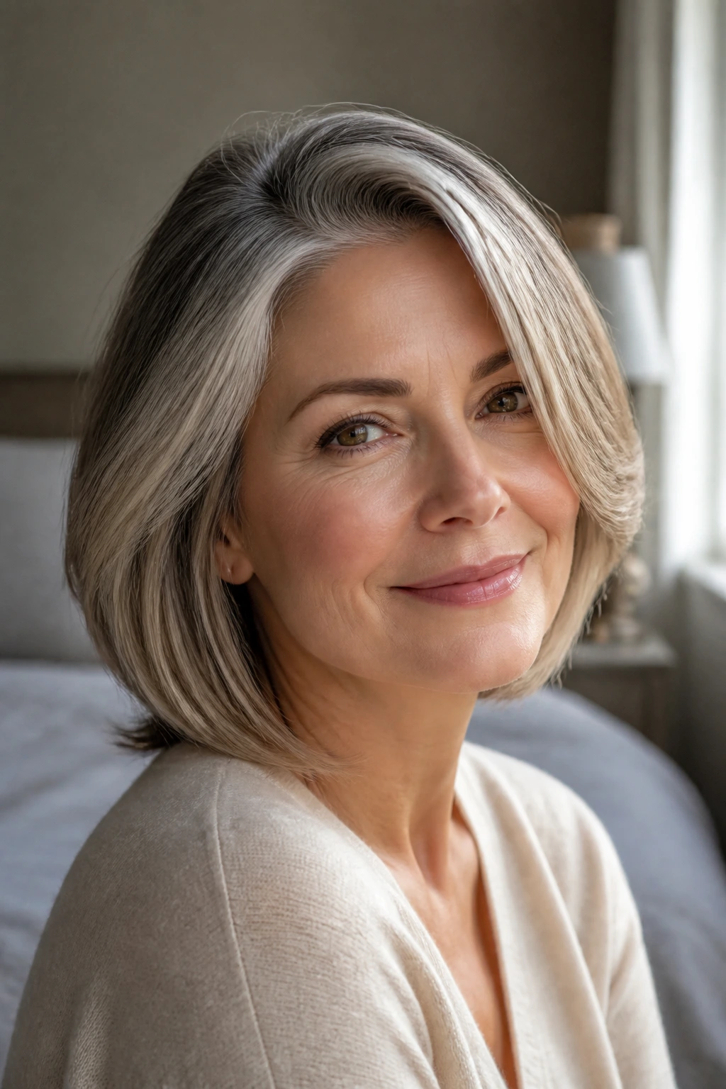 Close-up portrait of a woman in her 50s with glossy sleek hair under warm window light