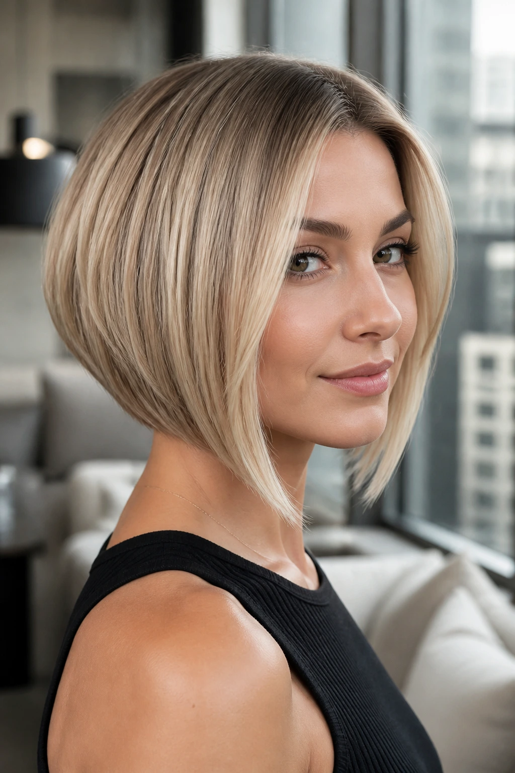 Close-up portrait of a real woman with an inverted bob in soft ambient light
