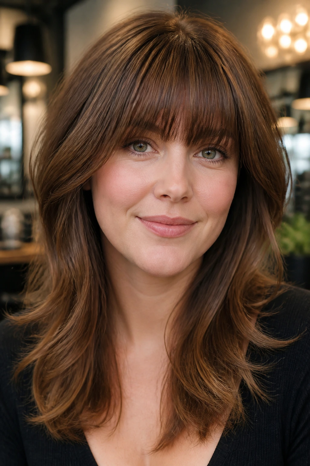 Portrait of a person with polished layers and full fringe