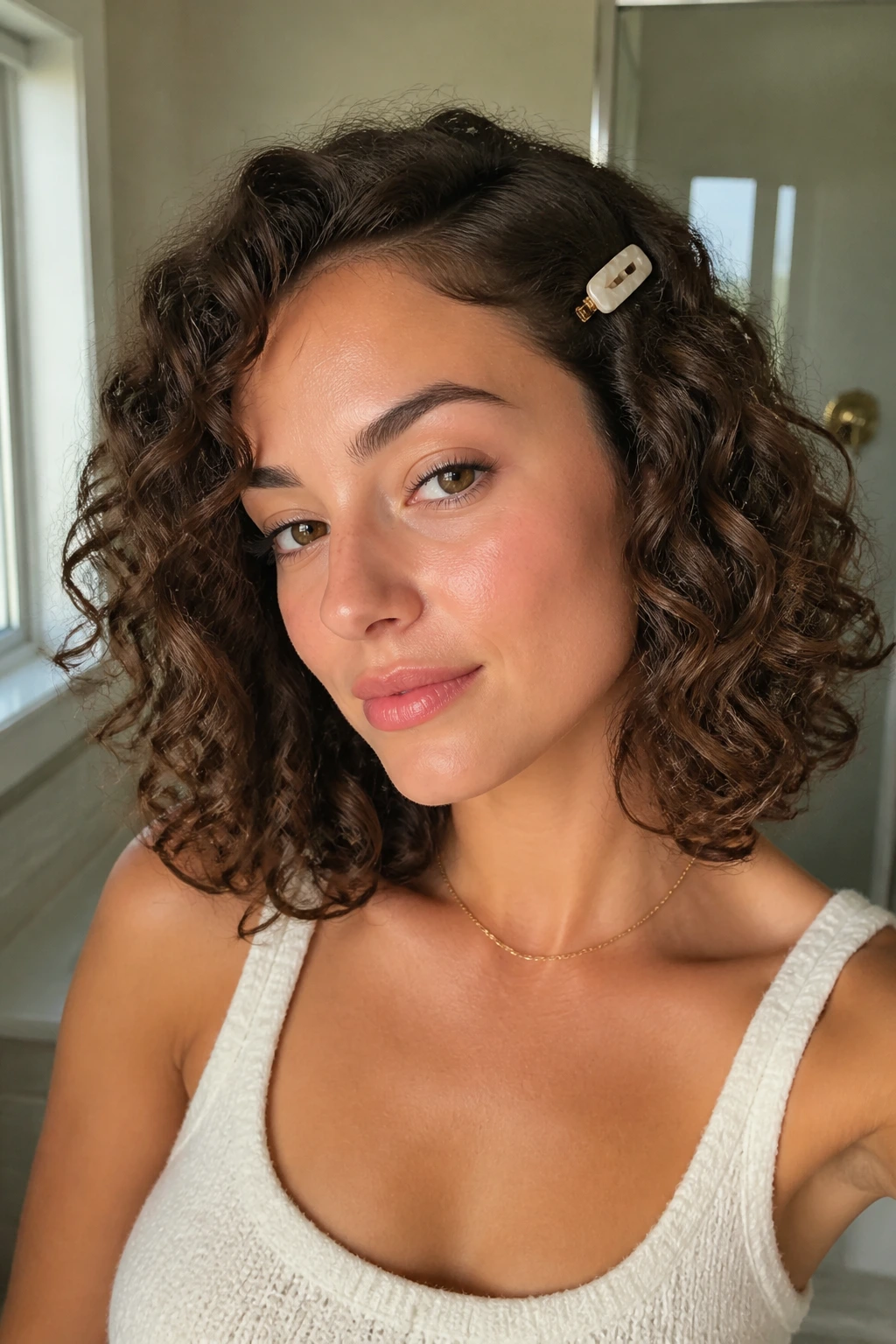 Close-up portrait of a real person with a polished lob and barrette accent in natural light