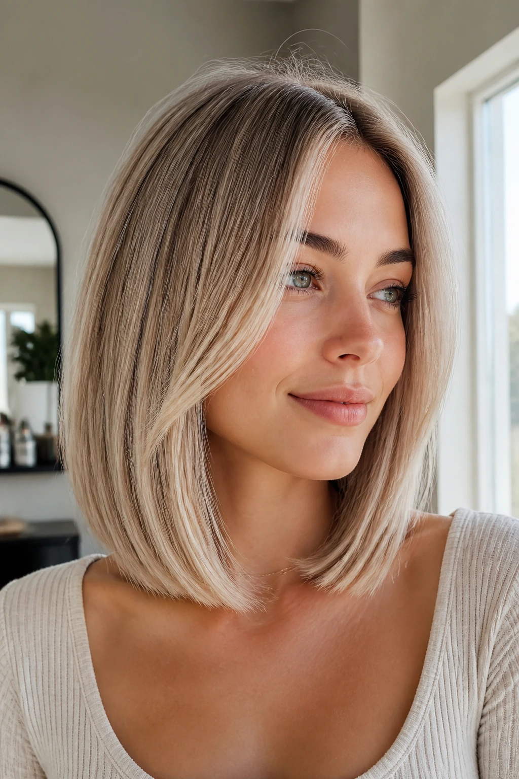Close-up of a woman with a polished collarbone-length lob and subtle invisible layers