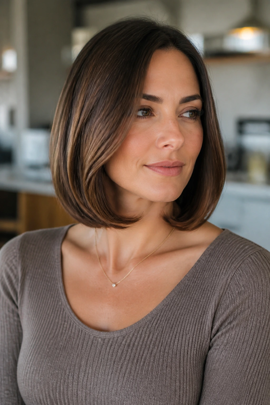 Close-up portrait of a real woman with a polished lob and inward-ended curls