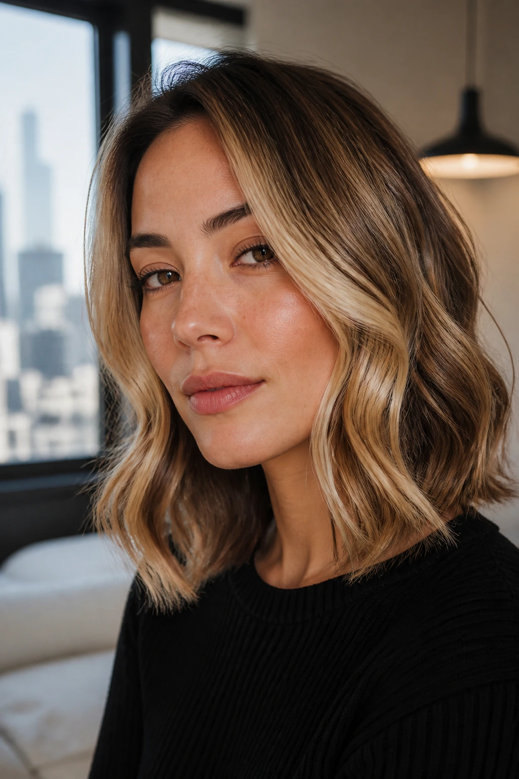 Close-up of a woman with a polished lob and soft S-bends
