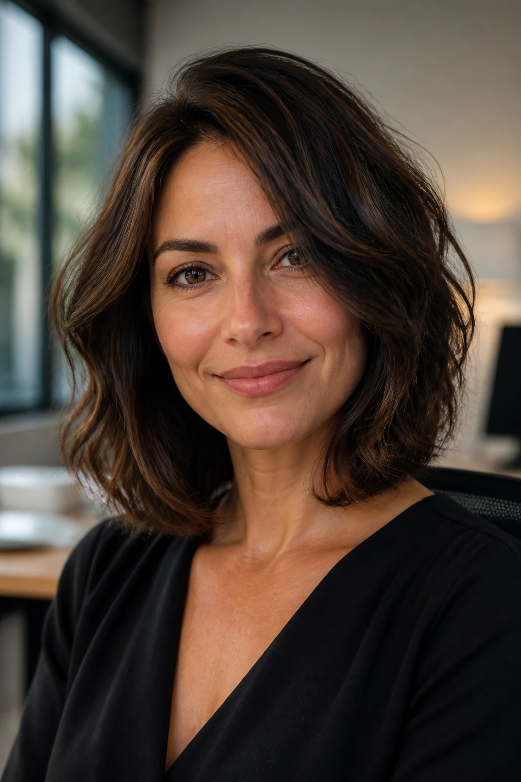 Close-up of a real woman with a polished office-length lob featuring underlayers, in a softly lit modern office.