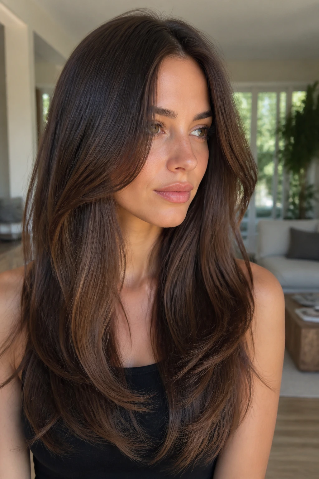 Close-up of a real woman with polished long layers and soft finish in natural daylight