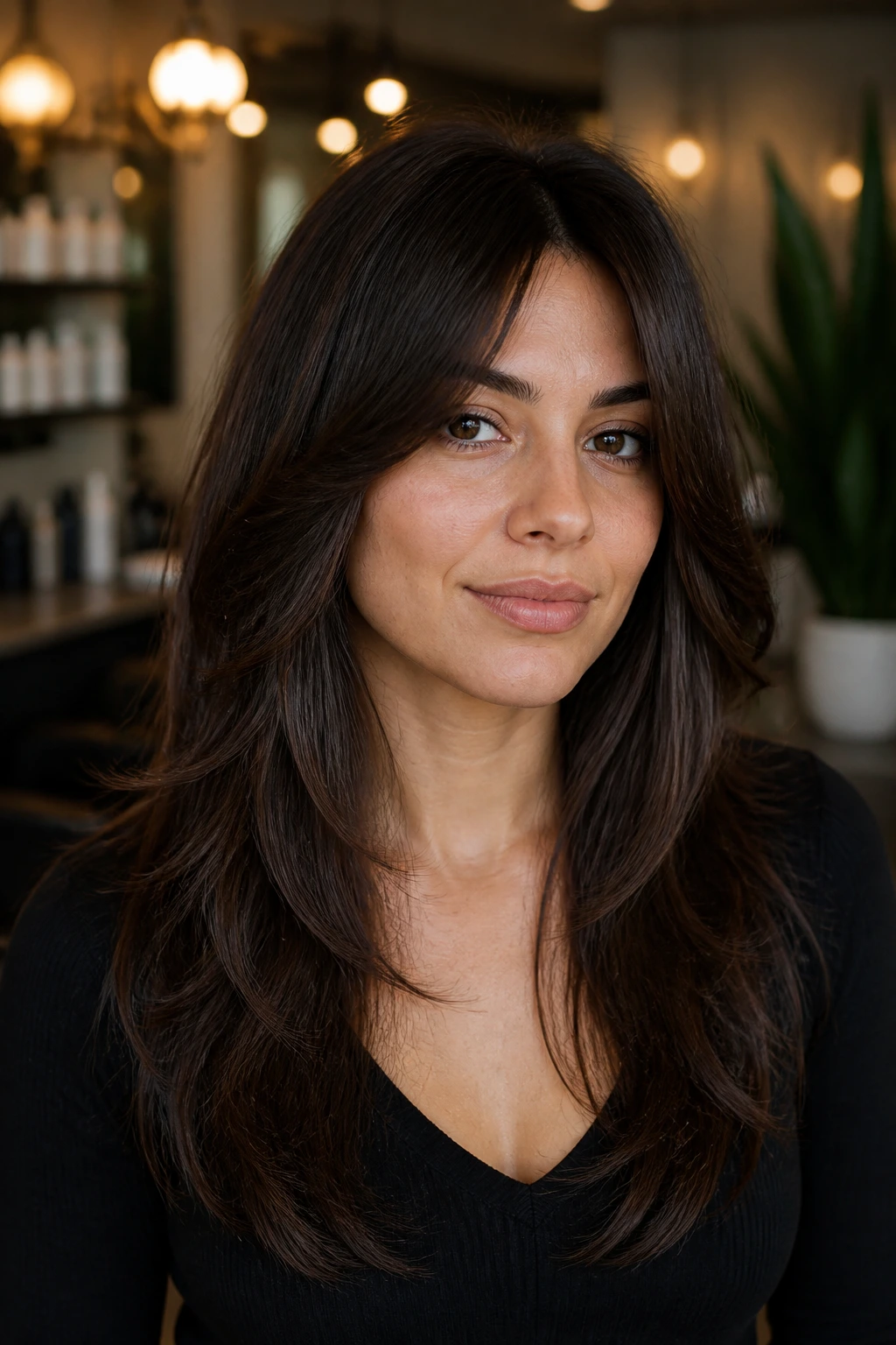 Portrait of a real woman with polished long shag layers on straightened curly hair.