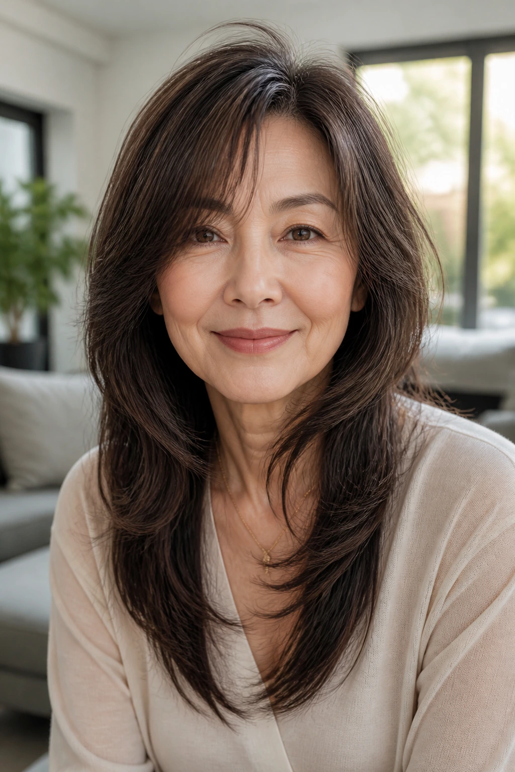 Close-up portrait of a real woman with a polished long wolf cut and lifted crown