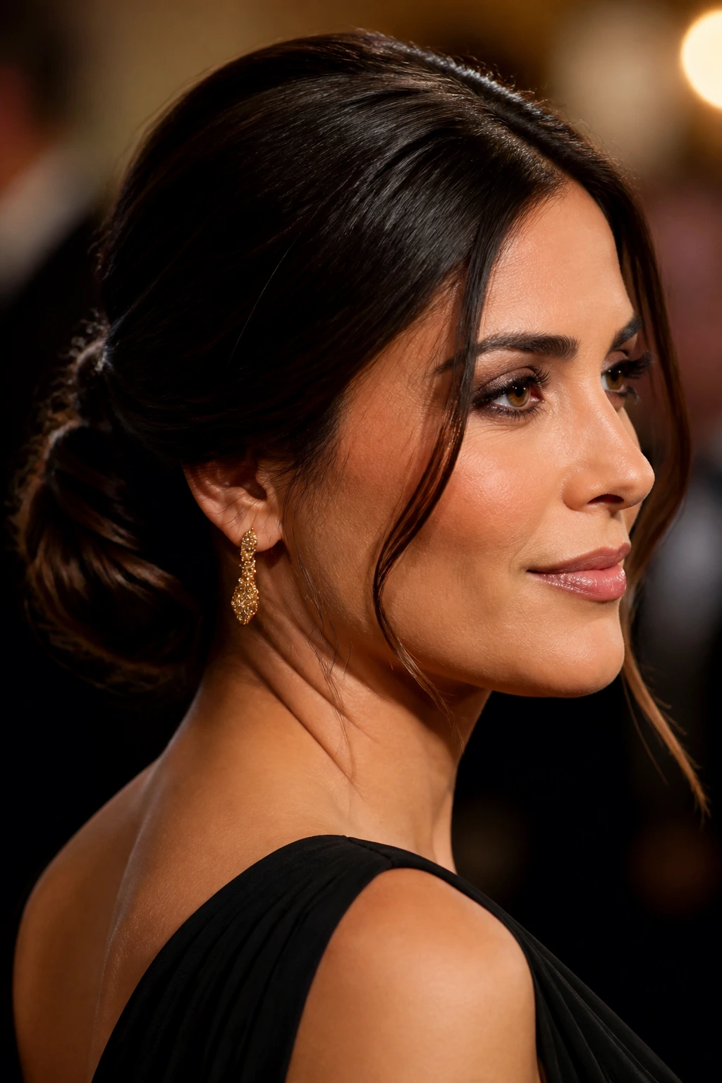 Real woman with a polished low bun and face-framing strands.