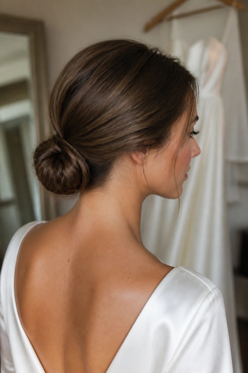 Real person with polished low knot at the nape