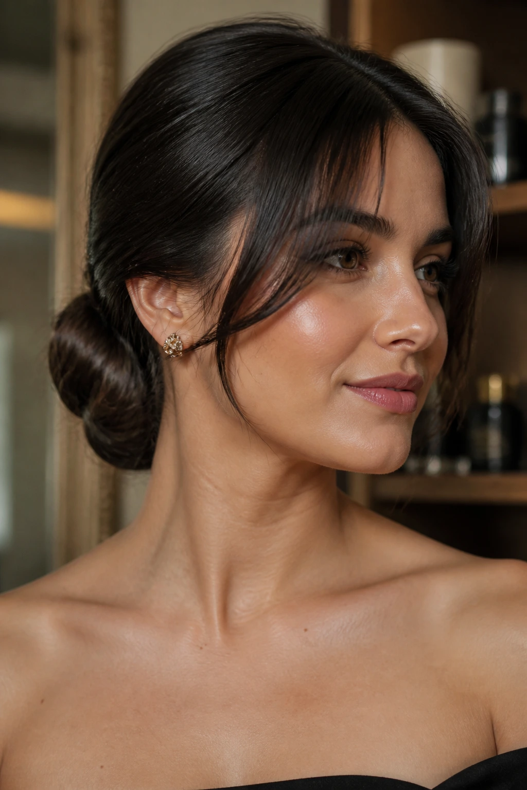 Close-up of a real woman's head showing a polished low roll and curtain bangs