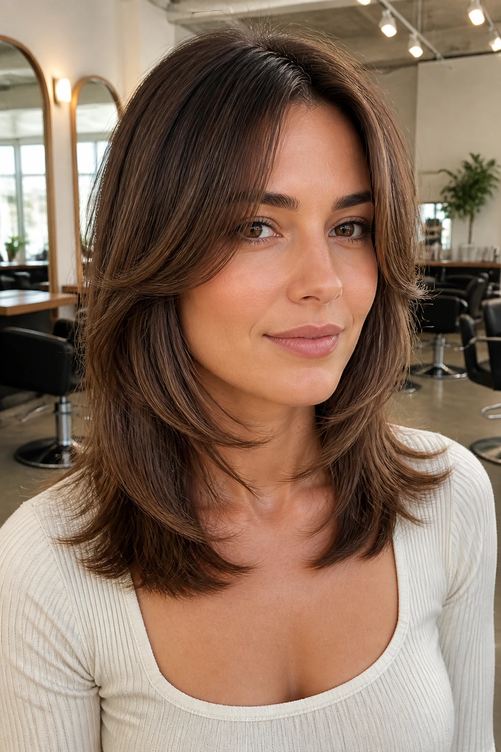 Close-up portrait of a person with polished medium layers and a salon fresh finish in a bright salon setting