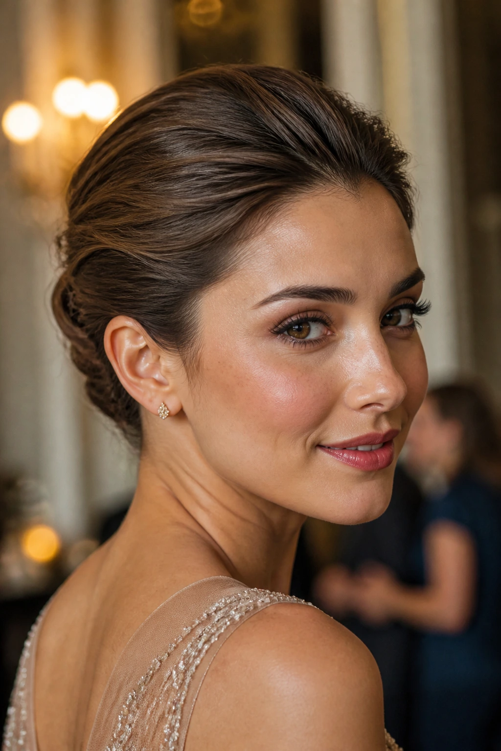 Close-up of person with polished mini updo on short hair