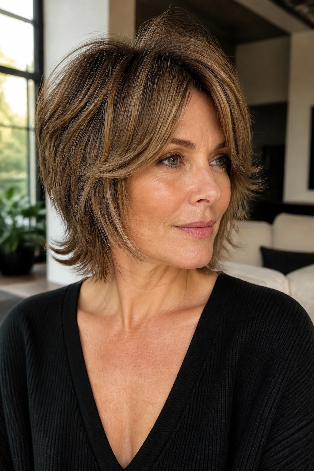 Portrait of woman with polished modern shag and face-framing flicks.