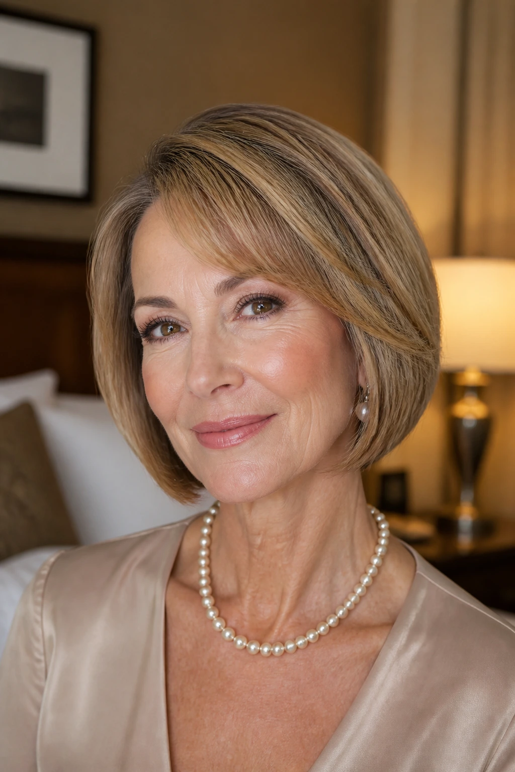 Real woman with a polished occasion bob in warm hotel room lighting