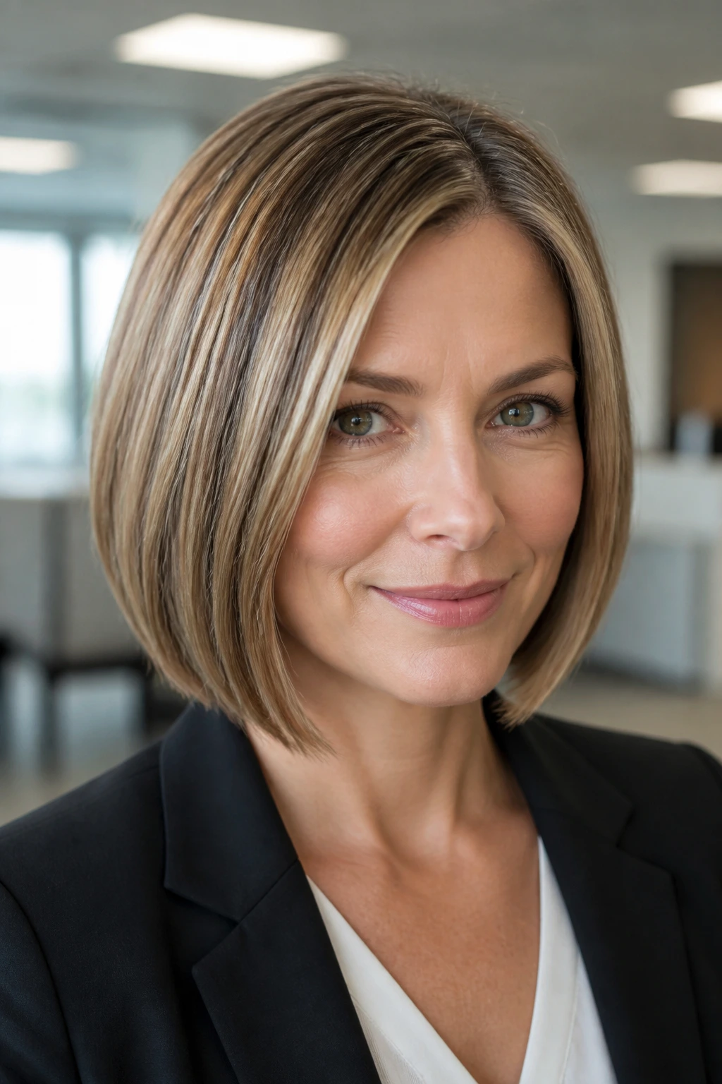 Close-up of a real woman with a polished office bob and neutral chestnut lowlights