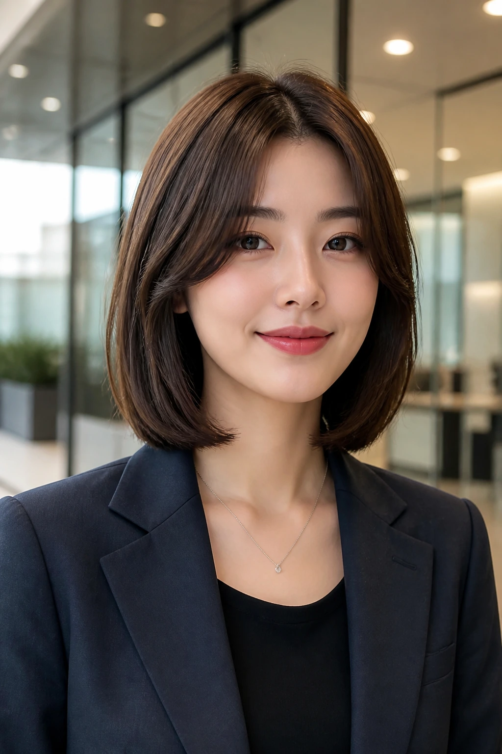 Real woman with a polished office bob and curtain fringe in a modern office setting.