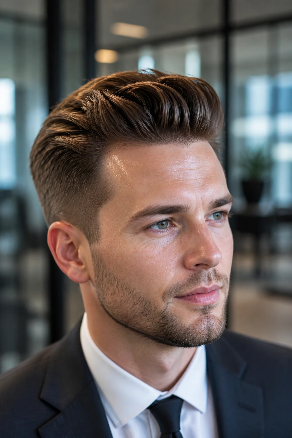 Close-up portrait of a real person with a polished office quiff in a modern office lobby