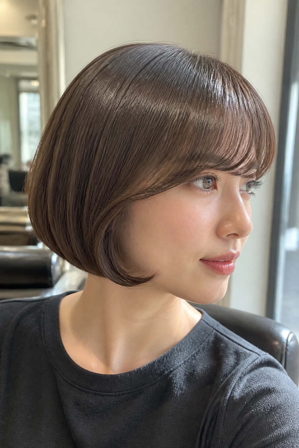Close-up of a real woman with Polished Pageboy and Soft Fringe, crisp glossy ends.