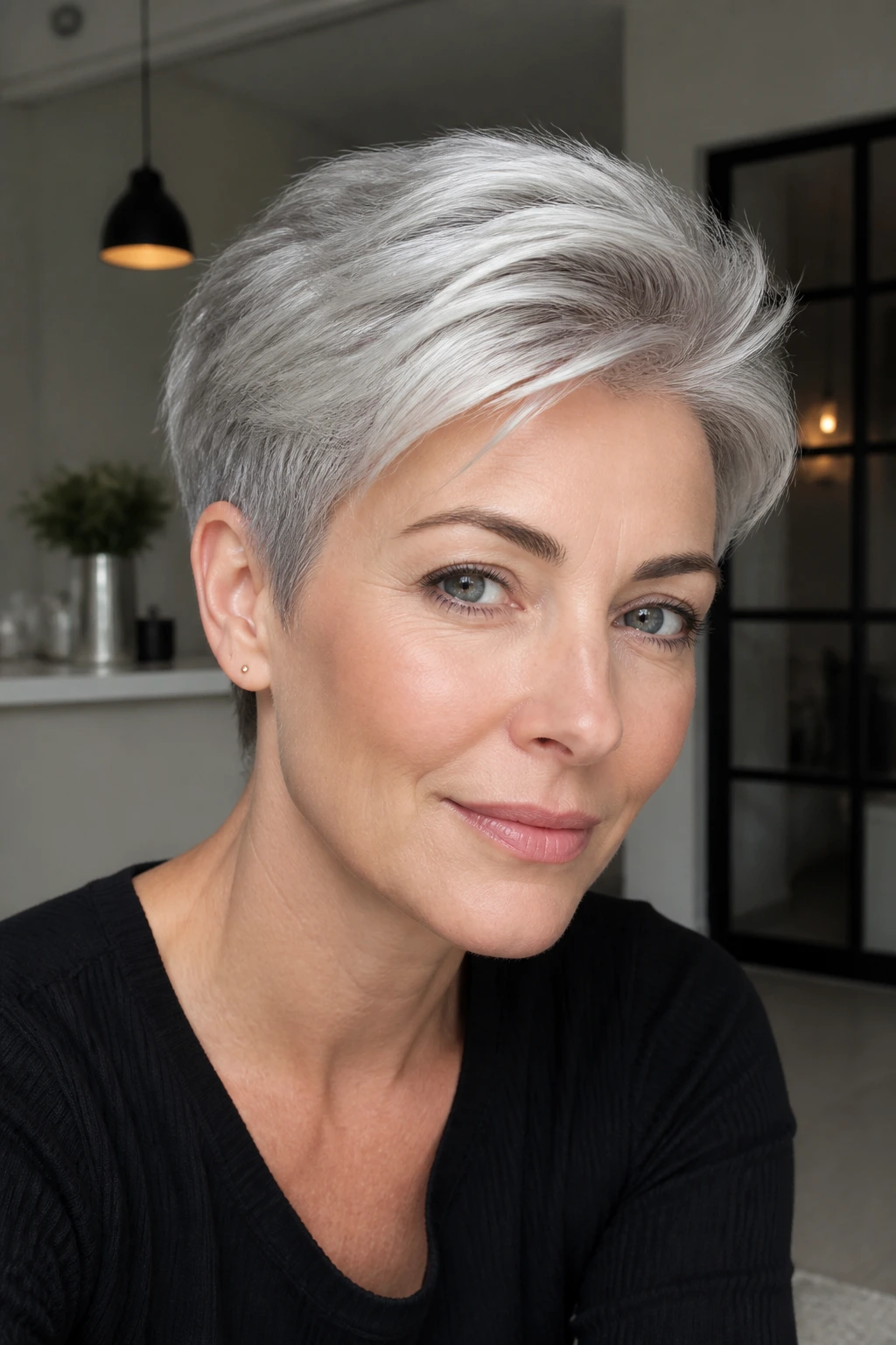 Real person with a polished pixie and silver sheen