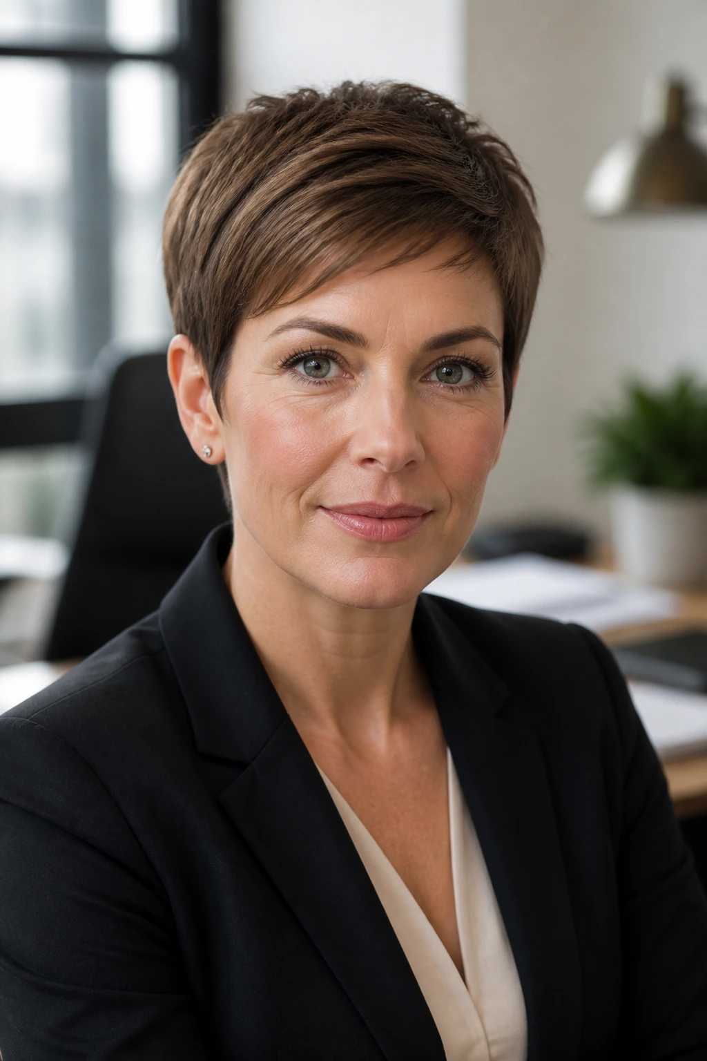 Portrait of a real woman with a polished work-week pixie haircut in a modern office