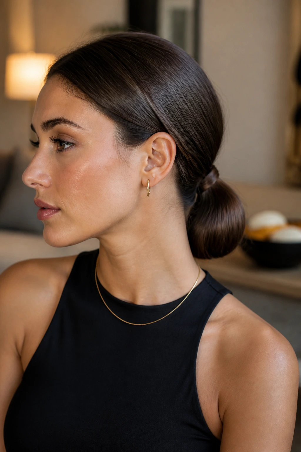 Close-up of a woman with a polished low ponytail and tucked ends