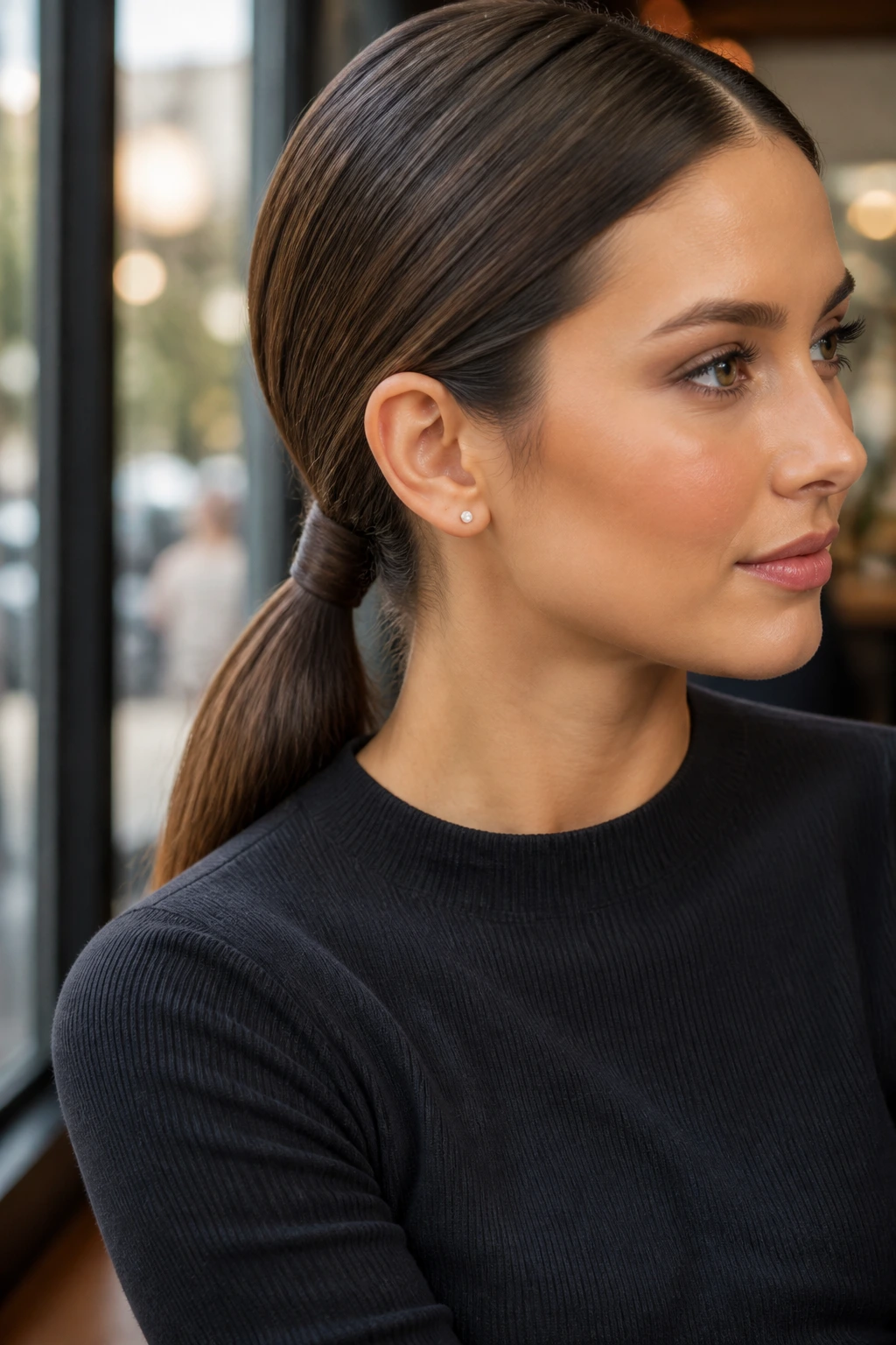 Portrait of a woman with a polished low ponytail and wrapped base