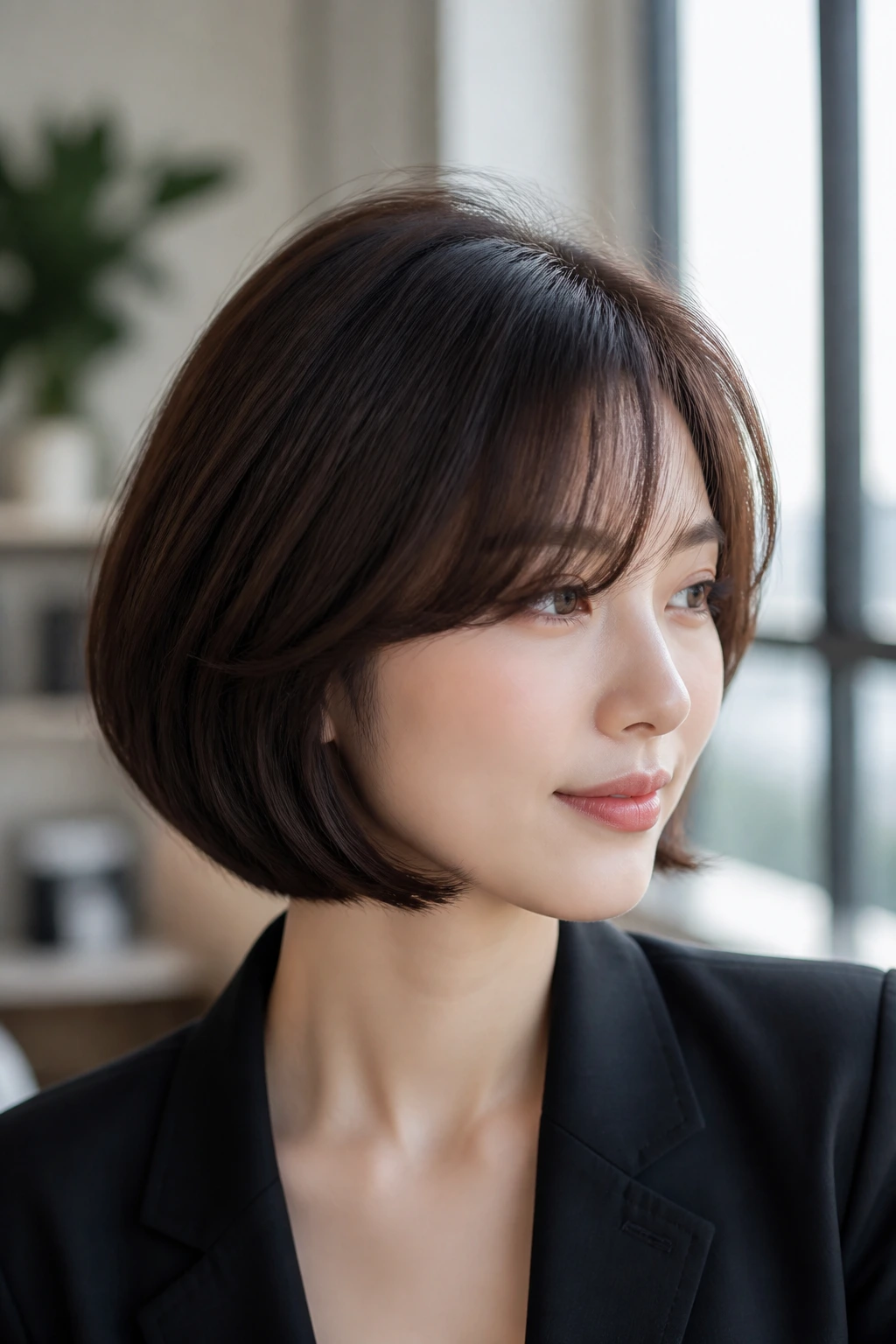 Close-up of a real woman with a polished root-lift bob and side-swept bangs in an office setting