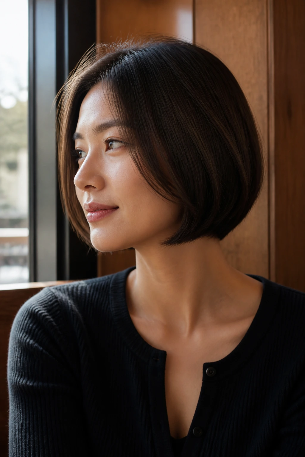 Close-up portrait of a real woman with a polished rounded bob, curved perimeter and face-framing layers in soft morning light.