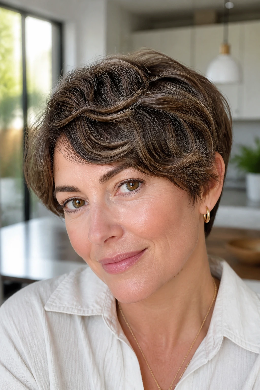 Close-up of real woman with polished rounded crop; top smooth with soft wave.
