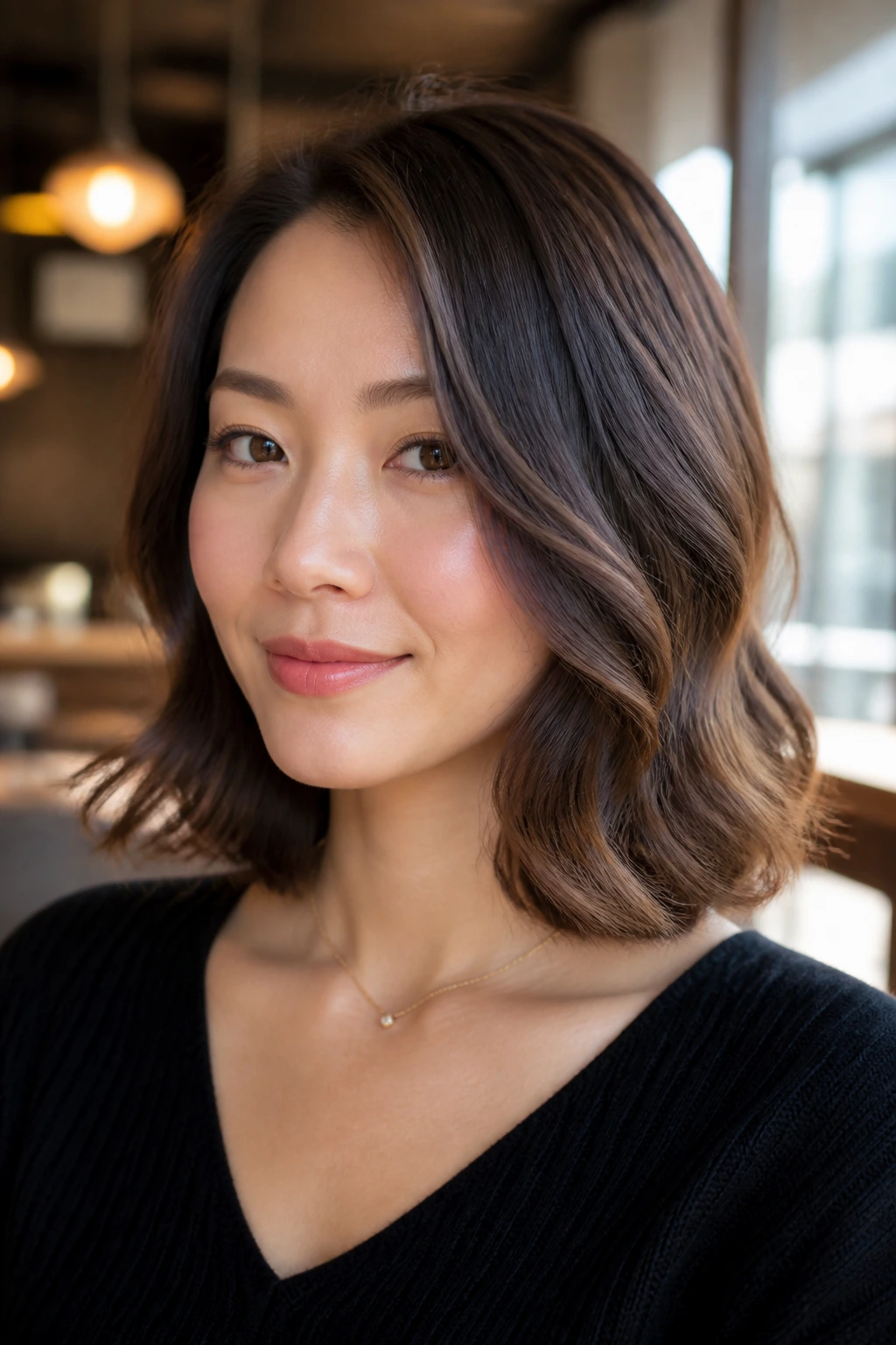 Close-up portrait of a real woman with polished S-curve lob and smooth bend